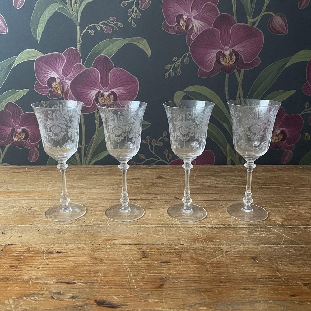Vintage Rare Heisey Orchid Crystal Goblet Wine Etched Glass (1940-1957) 8"